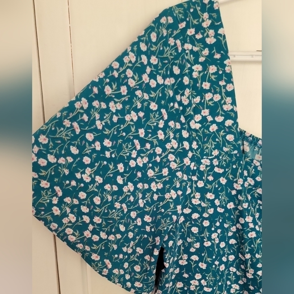 Ditsy Floral Drawstring Ruched Pocket Ruffle Tiered Teal Dress - Picture 5 of 10